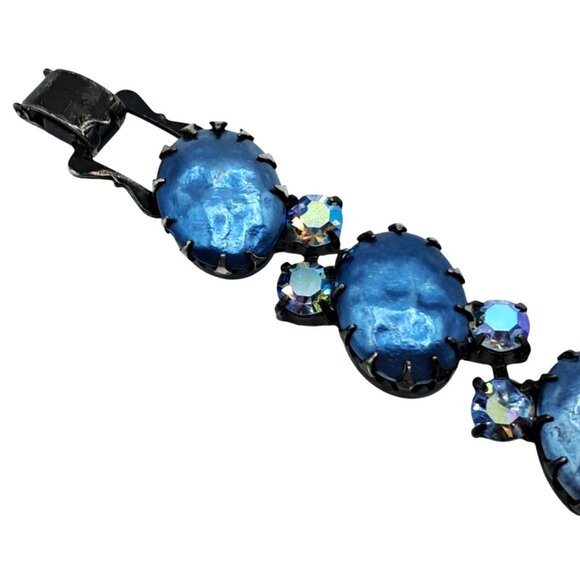 Vintage Regency Rhinestone Bracelet Blue Aurora Borealis Baroque Pearl Unsigned - Picture 7 of 14